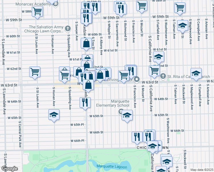 map of restaurants, bars, coffee shops, grocery stores, and more near 6333 South Albany Avenue in Chicago
