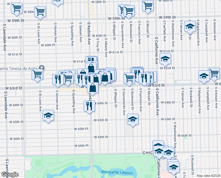 map of restaurants, bars, coffee shops, grocery stores, and more near 6333 South Albany Avenue in Chicago