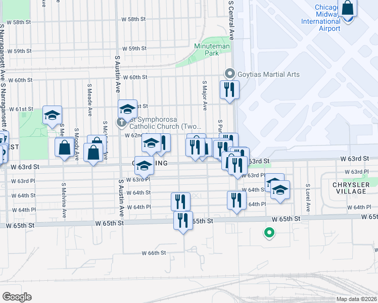 map of restaurants, bars, coffee shops, grocery stores, and more near 5718 West 63rd Street in Chicago