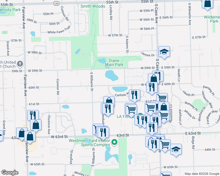 map of restaurants, bars, coffee shops, grocery stores, and more near 308 Cromwell Court in Westmont