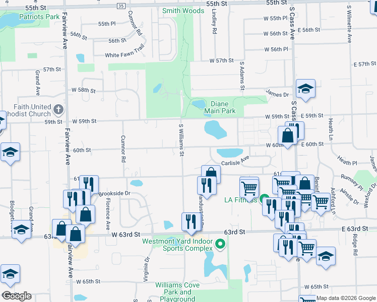 map of restaurants, bars, coffee shops, grocery stores, and more near 324 Cromwell Court in Westmont