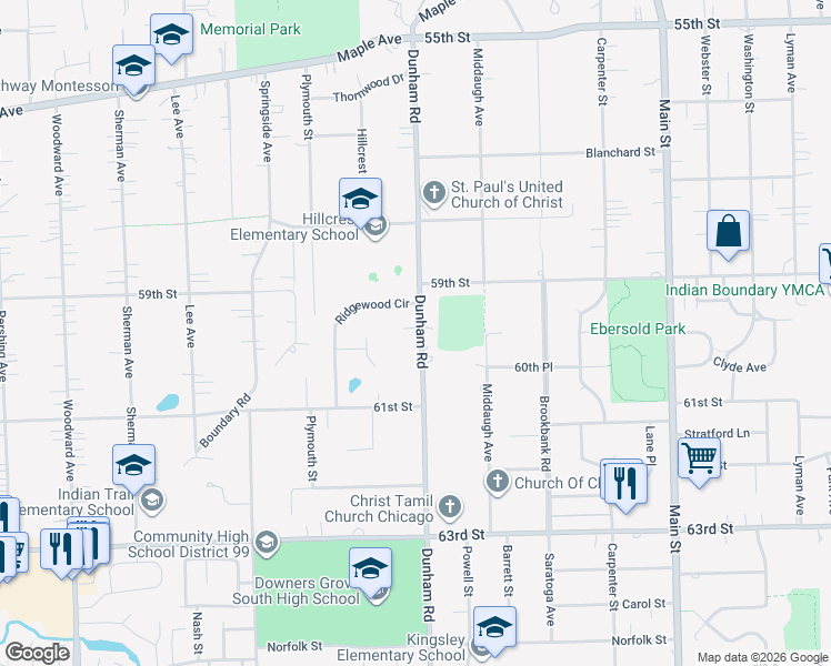 map of restaurants, bars, coffee shops, grocery stores, and more near 6016 Dunham Road in Downers Grove