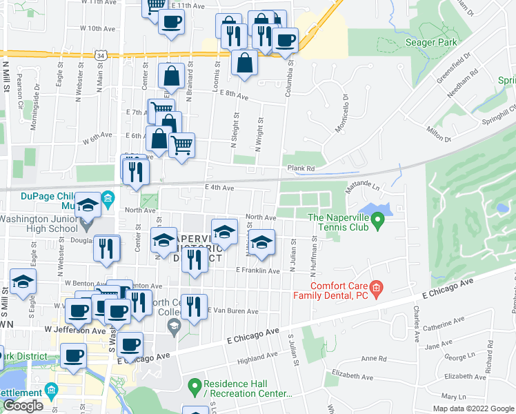 map of restaurants, bars, coffee shops, grocery stores, and more near 219 Columbia Street in Naperville