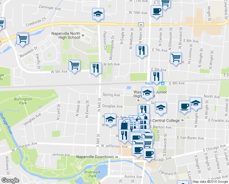 map of restaurants, bars, coffee shops, grocery stores, and more near 226 Spring Avenue in Naperville