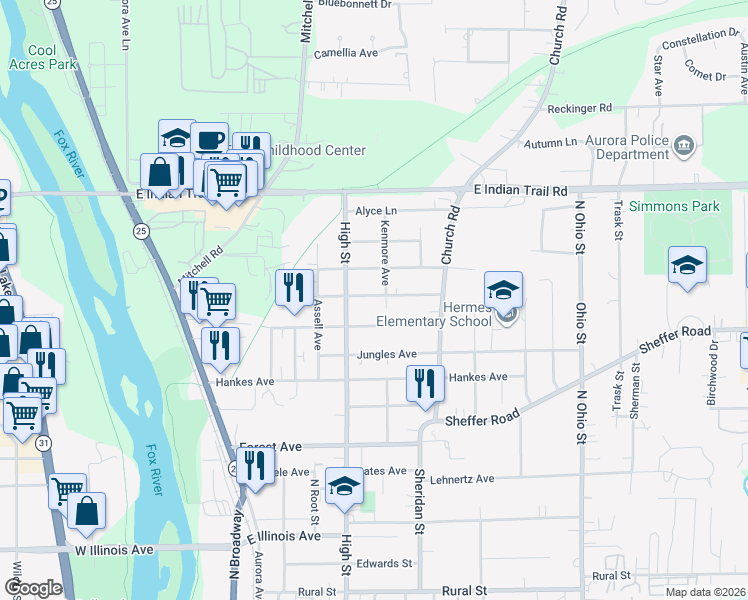 map of restaurants, bars, coffee shops, grocery stores, and more near 516 Pine Avenue in Aurora