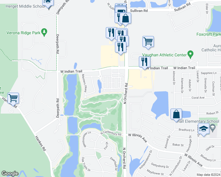map of restaurants, bars, coffee shops, grocery stores, and more near 2436 Courtyard Circle in Aurora