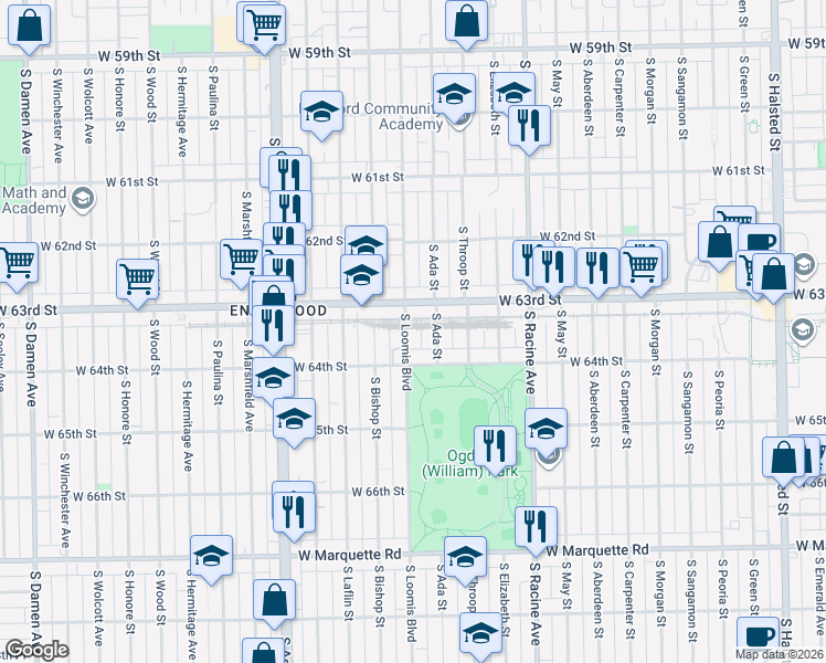 map of restaurants, bars, coffee shops, grocery stores, and more near 1346 West 64th Street in Chicago