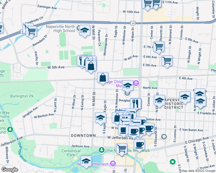 map of restaurants, bars, coffee shops, grocery stores, and more near 226 Spring Avenue in Naperville
