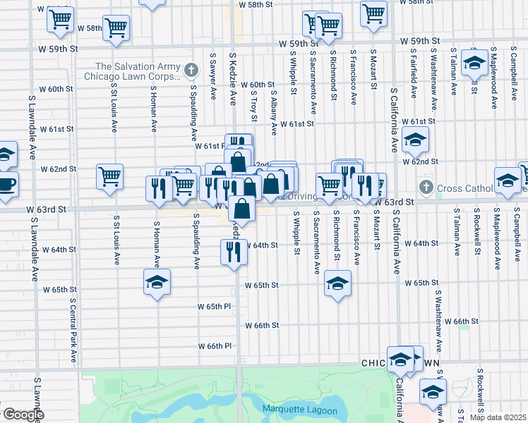 map of restaurants, bars, coffee shops, grocery stores, and more near 6328 South Troy Street in Chicago