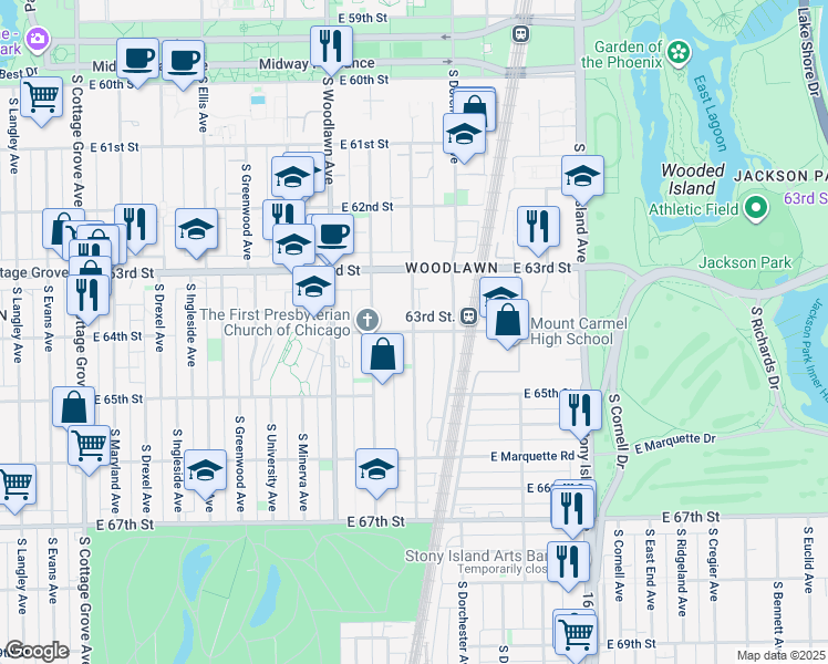 map of restaurants, bars, coffee shops, grocery stores, and more near E 64th St & S Kenwood Ave in Chicago