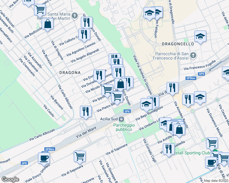 map of restaurants, bars, coffee shops, grocery stores, and more near 38 Via Giovanni della Penna in Città metropolitana di Roma Capitale