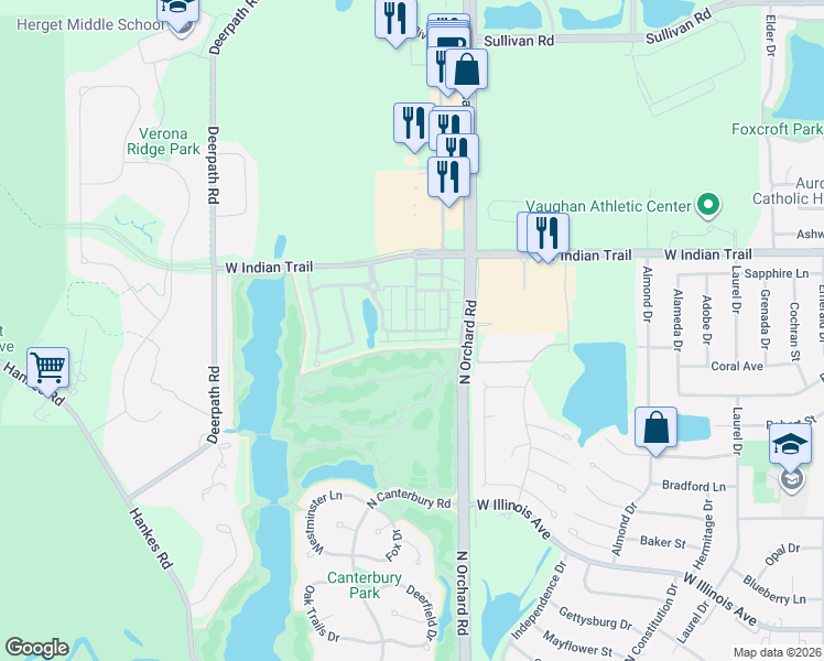 map of restaurants, bars, coffee shops, grocery stores, and more near 2436 Courtyard Circle in Aurora
