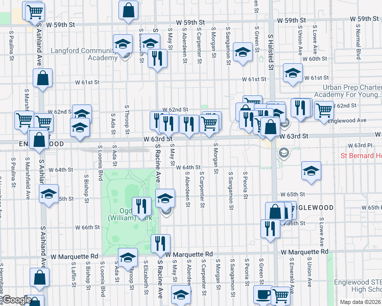 map of restaurants, bars, coffee shops, grocery stores, and more near 6358 South Carpenter Street in Chicago