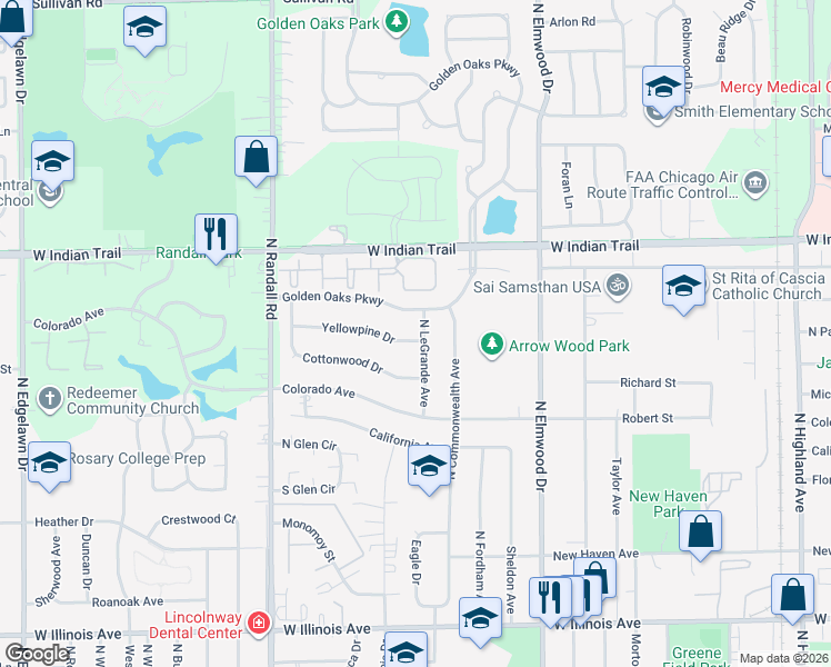 map of restaurants, bars, coffee shops, grocery stores, and more near 1205 Yellowpine Drive in Aurora