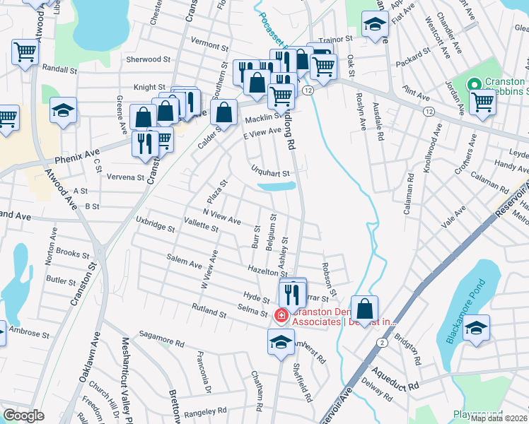 map of restaurants, bars, coffee shops, grocery stores, and more near 76 Midvale Avenue in Cranston