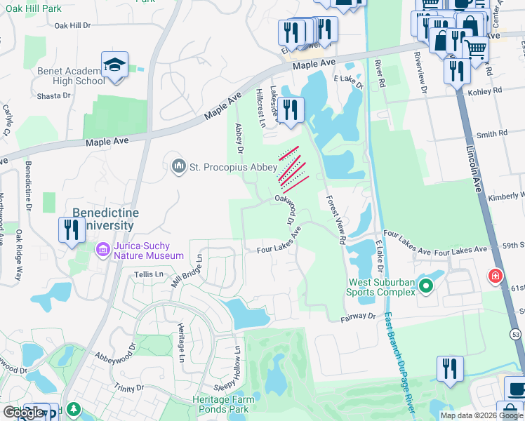map of restaurants, bars, coffee shops, grocery stores, and more near 5810 Oakwood Drive in Lisle