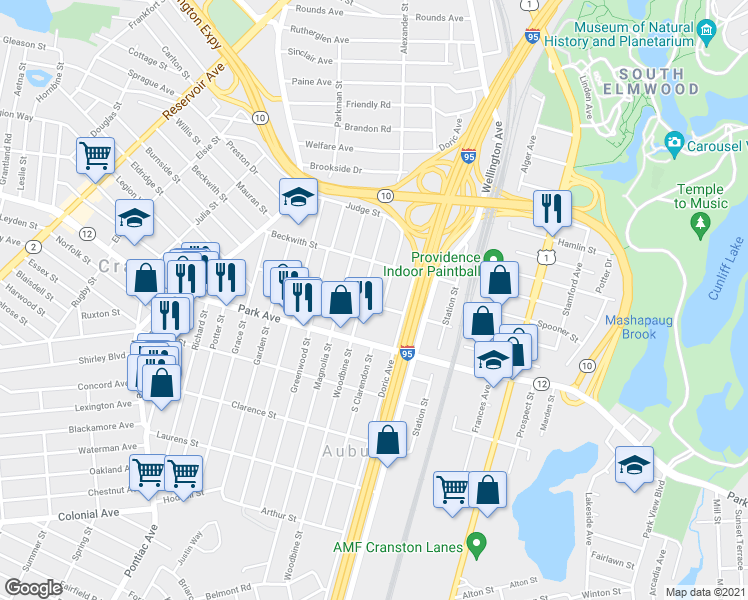 map of restaurants, bars, coffee shops, grocery stores, and more near 67 Pond Street in Cranston