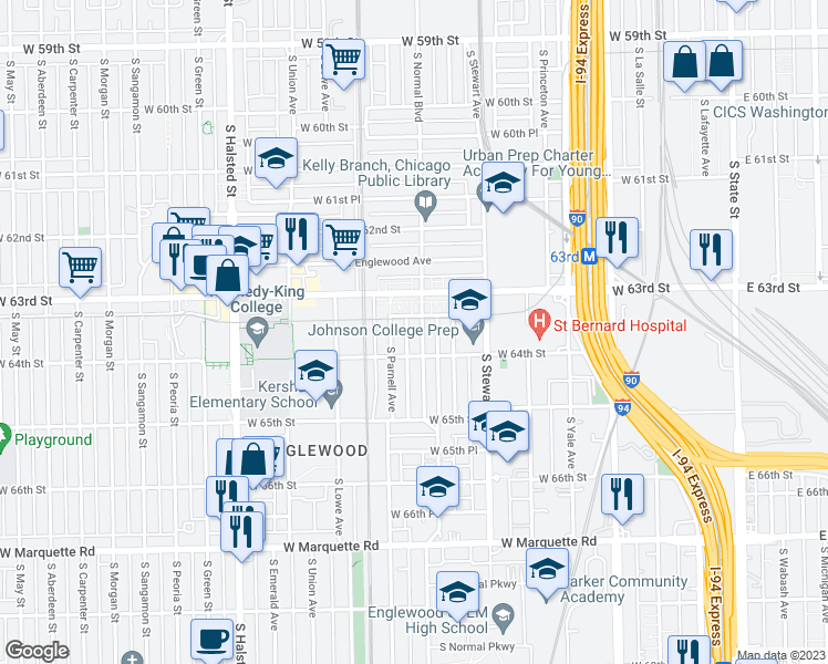 map of restaurants, bars, coffee shops, grocery stores, and more near 6334 South Normal Boulevard in Chicago