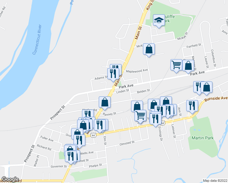 map of restaurants, bars, coffee shops, grocery stores, and more near 1520 Main Street in East Hartford
