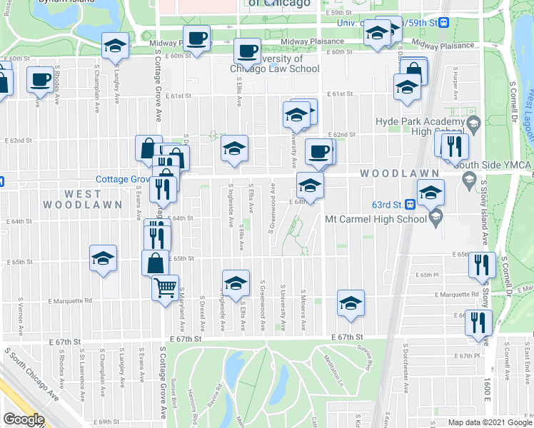 map of restaurants, bars, coffee shops, grocery stores, and more near 6356 South Greenwood Avenue in Chicago