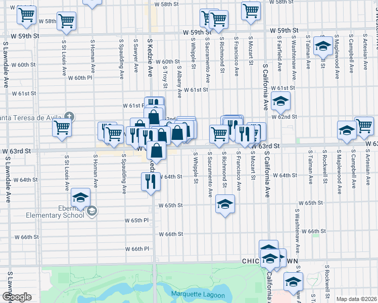 map of restaurants, bars, coffee shops, grocery stores, and more near 3045 West 63rd Street in Chicago