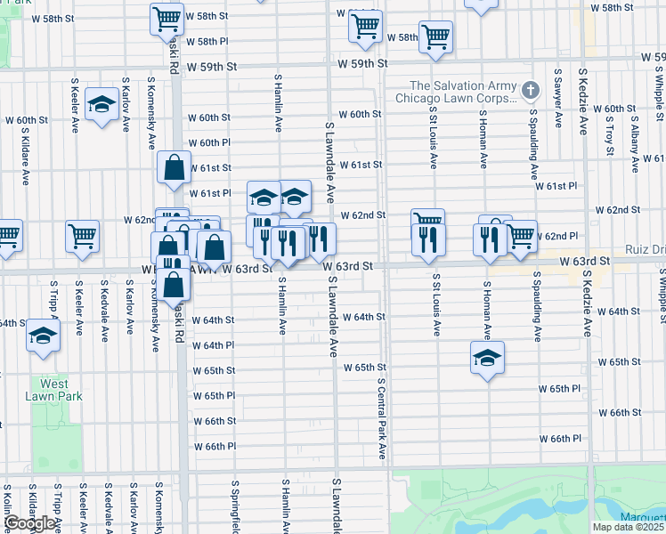 map of restaurants, bars, coffee shops, grocery stores, and more near West 63rd Street & South Lawndale Avenue in Chicago