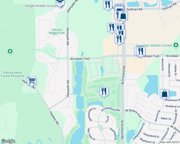 map of restaurants, bars, coffee shops, grocery stores, and more near 1098 Masters Parkway in Aurora