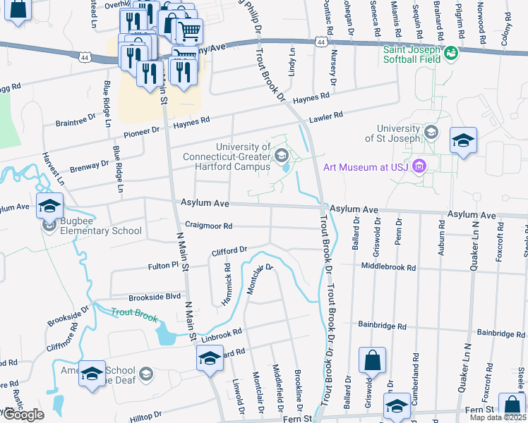 map of restaurants, bars, coffee shops, grocery stores, and more near in West Hartford