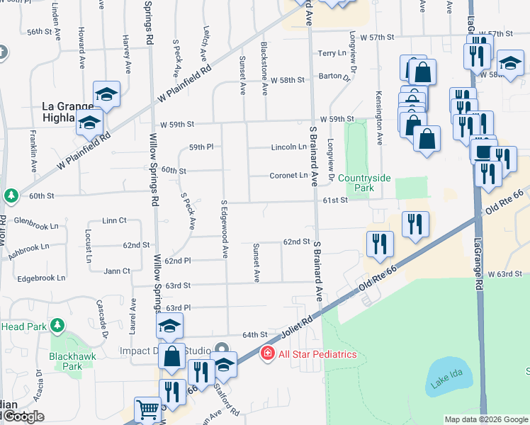 map of restaurants, bars, coffee shops, grocery stores, and more near 922 61st Street in La Grange Highlands
