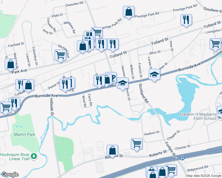 map of restaurants, bars, coffee shops, grocery stores, and more near in East Hartford