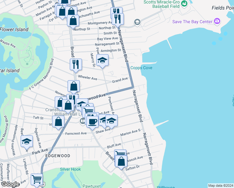 map of restaurants, bars, coffee shops, grocery stores, and more near 107 Norwood Avenue in Cranston