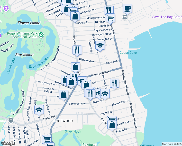 map of restaurants, bars, coffee shops, grocery stores, and more near 186 Grand Avenue in Cranston
