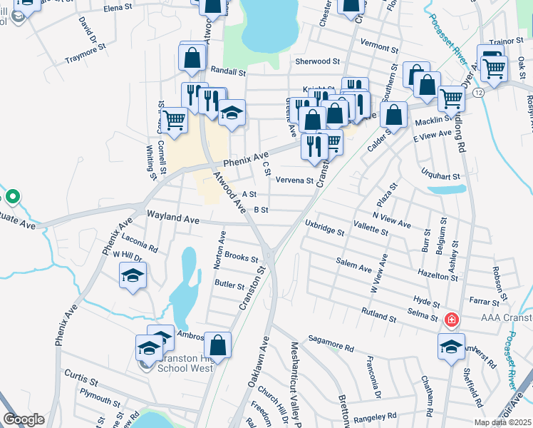 map of restaurants, bars, coffee shops, grocery stores, and more near 57 C Street in Cranston