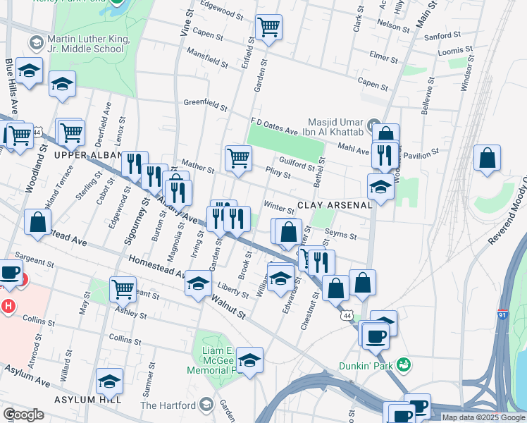 map of restaurants, bars, coffee shops, grocery stores, and more near 127 Mather Street in Hartford