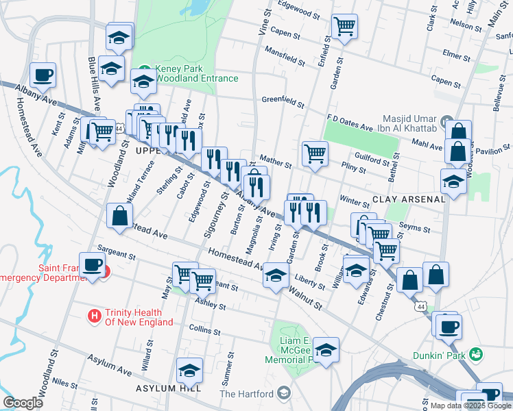 map of restaurants, bars, coffee shops, grocery stores, and more near 12 Vine Street in Hartford