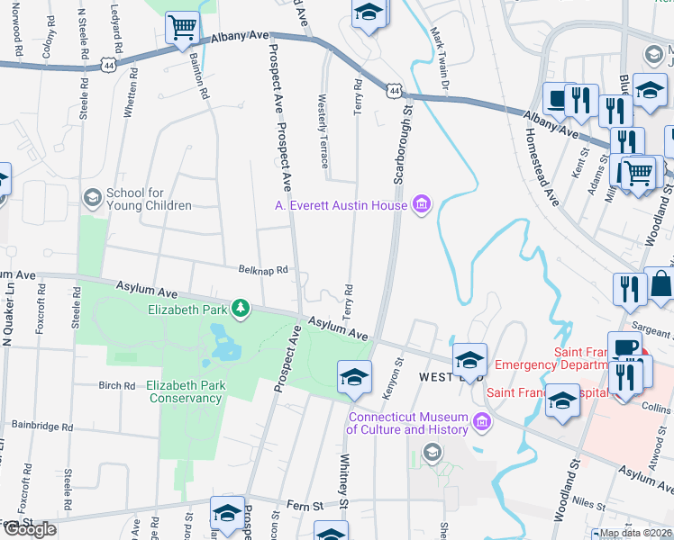 map of restaurants, bars, coffee shops, grocery stores, and more near 75 Terry Road in Hartford