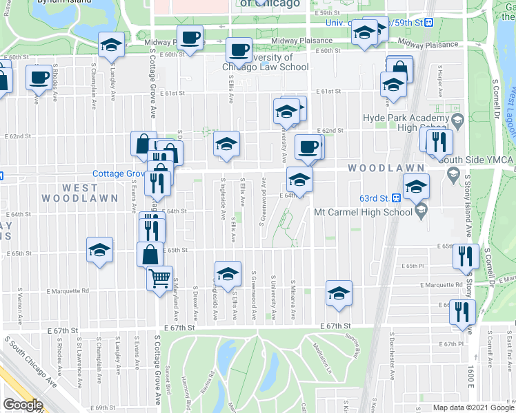 map of restaurants, bars, coffee shops, grocery stores, and more near 6331 South Ellis Avenue in Chicago
