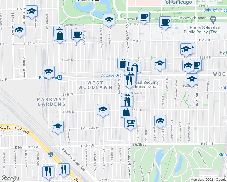 map of restaurants, bars, coffee shops, grocery stores, and more near 6324 South Evans Avenue in Chicago