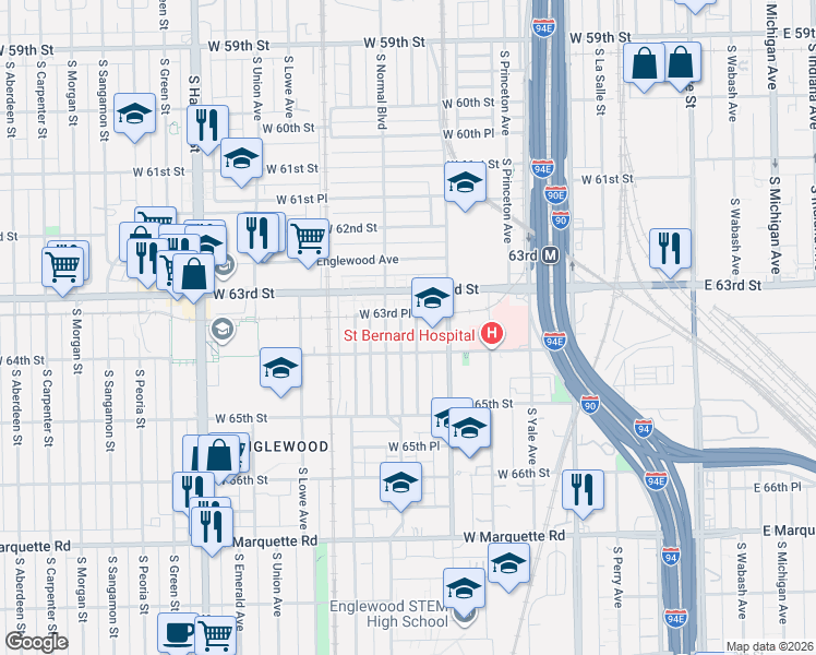 map of restaurants, bars, coffee shops, grocery stores, and more near 423 West 63rd Street in Chicago