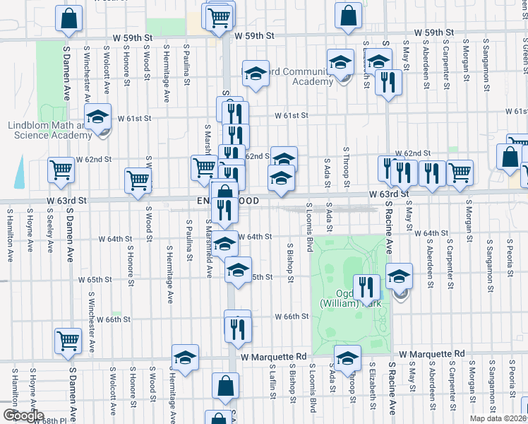 map of restaurants, bars, coffee shops, grocery stores, and more near 1455 West 63rd Street in Chicago