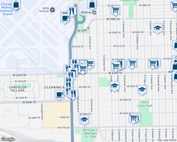 map of restaurants, bars, coffee shops, grocery stores, and more near 6227 South Kilpatrick Avenue in Chicago