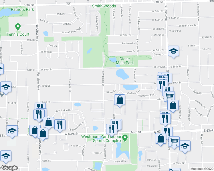 map of restaurants, bars, coffee shops, grocery stores, and more near 821 South Williams Street in Westmont