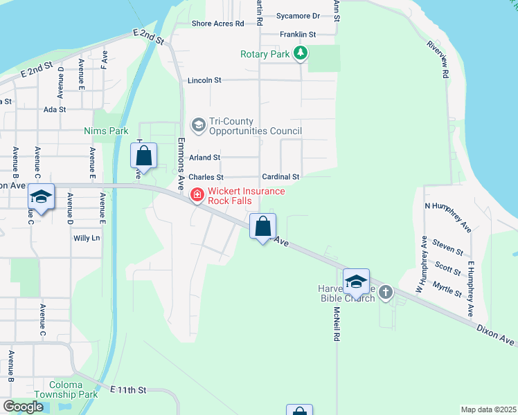 map of restaurants, bars, coffee shops, grocery stores, and more near 439 Martin Road in Rock Falls