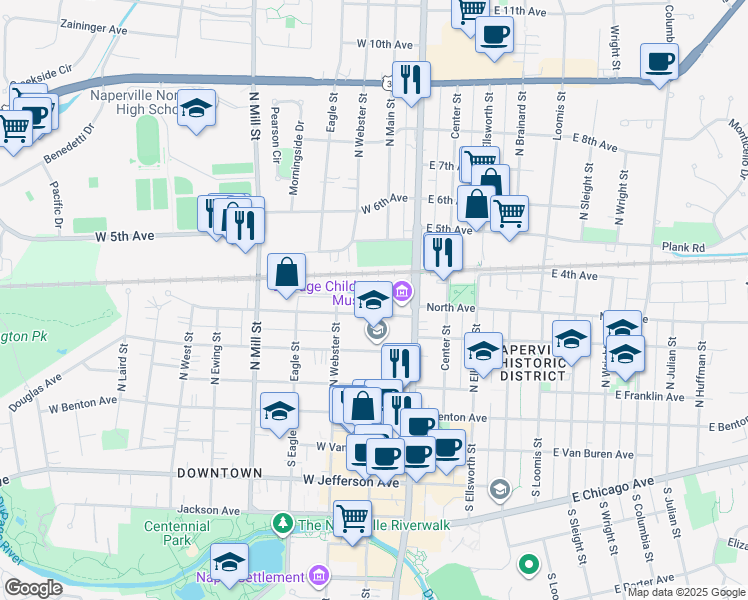 map of restaurants, bars, coffee shops, grocery stores, and more near 336 Big Rail Drive in Naperville