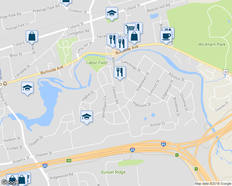 map of restaurants, bars, coffee shops, grocery stores, and more near 4 Community Street in East Hartford