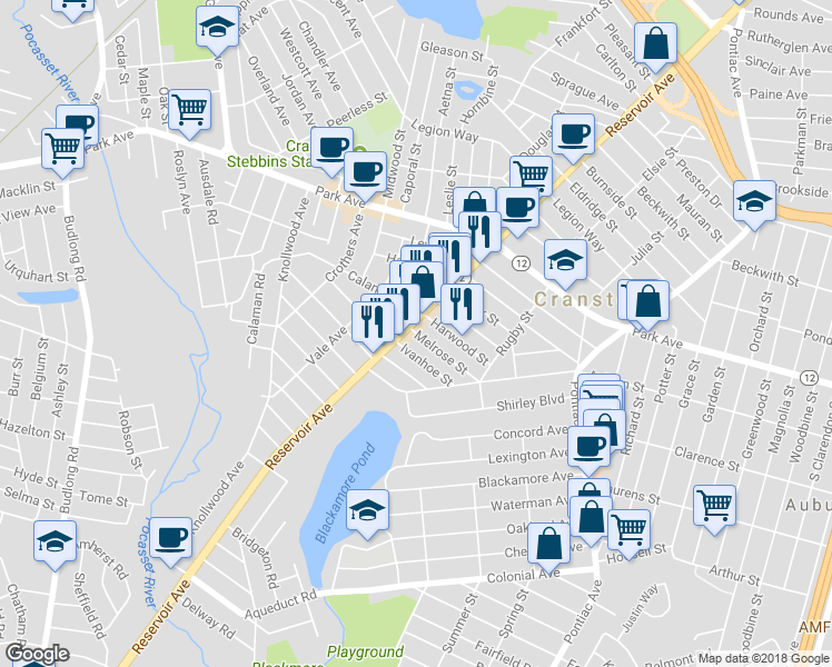 map of restaurants, bars, coffee shops, grocery stores, and more near 84 Melrose Street in Cranston