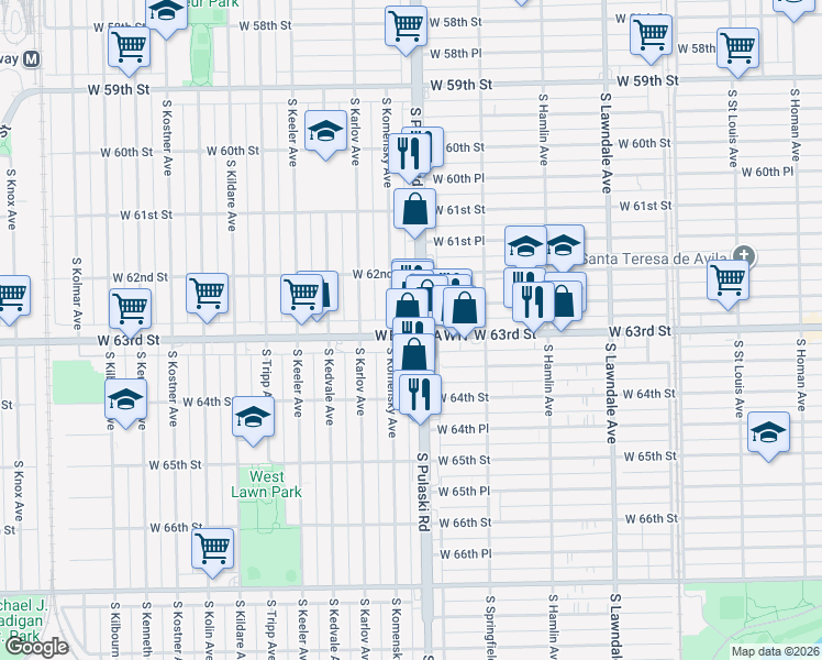 map of restaurants, bars, coffee shops, grocery stores, and more near 6230 South Pulaski Road in Chicago