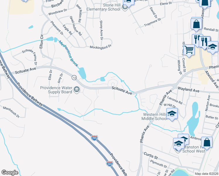 map of restaurants, bars, coffee shops, grocery stores, and more near 265 D Scituate Avenue in Cranston