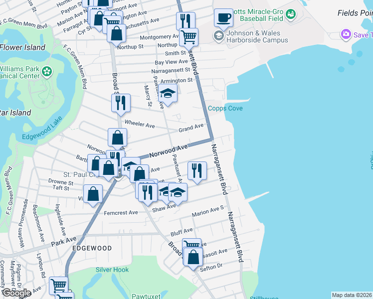 map of restaurants, bars, coffee shops, grocery stores, and more near 107 Norwood Avenue in Cranston