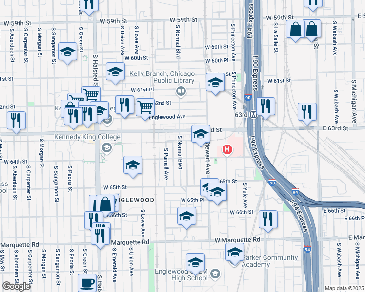 map of restaurants, bars, coffee shops, grocery stores, and more near 6335 South Normal Boulevard in Chicago